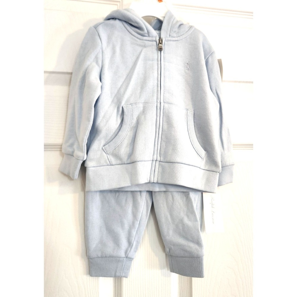 Polo Ralph Lauren Baby Logo Boys Light Blue Zip Hoodie/Pants 3 Pc Set 12M  NWT